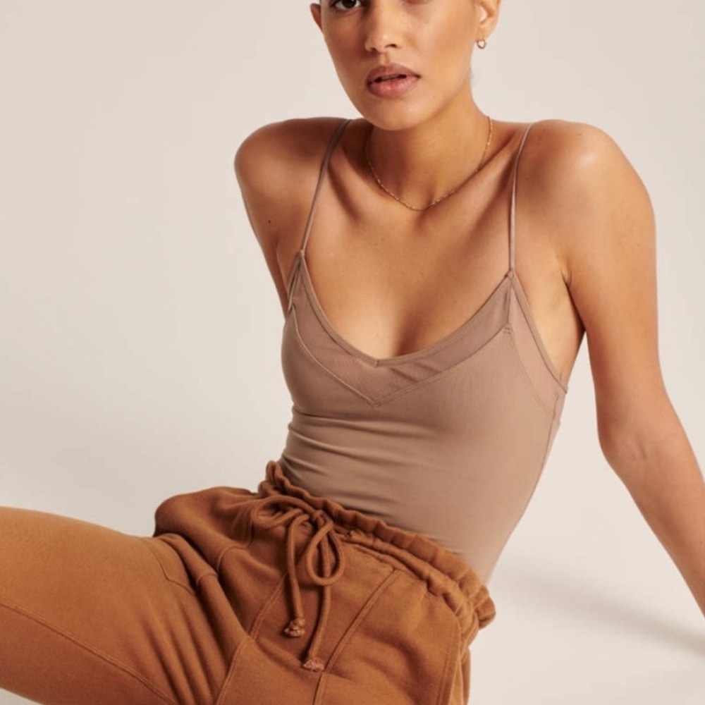 NWT Abercrombie & Fitch Taupe Mesh Trim Cami Bodysuit | Size S